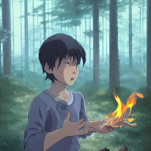 Image similar to a child with grey skin with blues and short brown hair, holding fire in hands, forest background, highly detailed, digital painting, artstation, matte, by makoto shinkai, animation style, studio ghibli, anime key visual