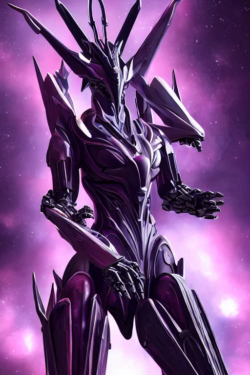 Image similar to cinematic bust shot, hyperdetailed elegant beautiful stunning giant robot mecha hot female goddess dragon, sharp spines, sharp metal ears, smooth purple eyes, smooth fuschia skin, smooth silver armor, nebula size, space, epic proportions, epic scale, warframe fanart, macro giantess, furry art, dragon art, goddess art, giantess art, furaffinity, octane