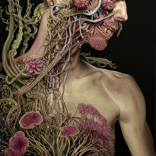 Image similar to portrait of extremely bizarre disturbing mutated man with intense chiaroscuro lighting in flowing dress, arrogant, mysterious, long fine flowing hair, delicate, looking at camera, realistic face, intricate, stylish, elegant, grim dark, flowers, extremely detailed photograph by Martine Johanna and Ernst Haeckel and Greg Rutkowski