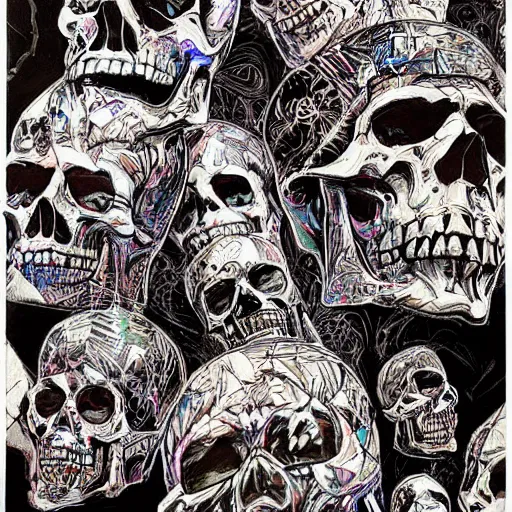 Prompt: Derek Gores drawing of Psychedelic Skulls, medieval town, skulls, drawn by Derek Gores, trending on artstation