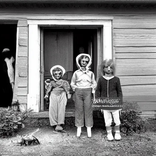 Image similar to alien in grandma's village is photographed with friends against the backdrop of an old house, top secret style photo, 7 0 s