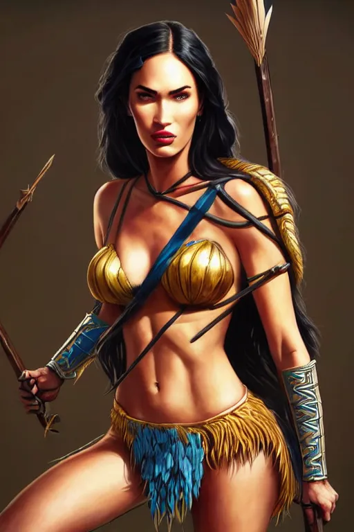 Prompt: an epic comic book style full body portrait painting of megan fox as an amazon with a long spear, elegant, character design by Mark Ryden and Pixar and Hayao Miyazaki, unreal 5, DAZ, hyperrealistic, octane render, cosplay, RPG portrait, dynamic lighting, intricate detail, summer vibrancy, cinematic