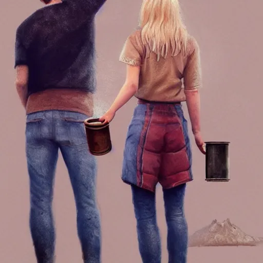 Image similar to a highly detailed portrait from behind of a young couple, holding a tin can, remote icelandic village, summer, jeans and t shirt, blonde hair, muted colors, hyper realistic, extremely realistic, realistic, by tom bagshaw, trending on artstation,