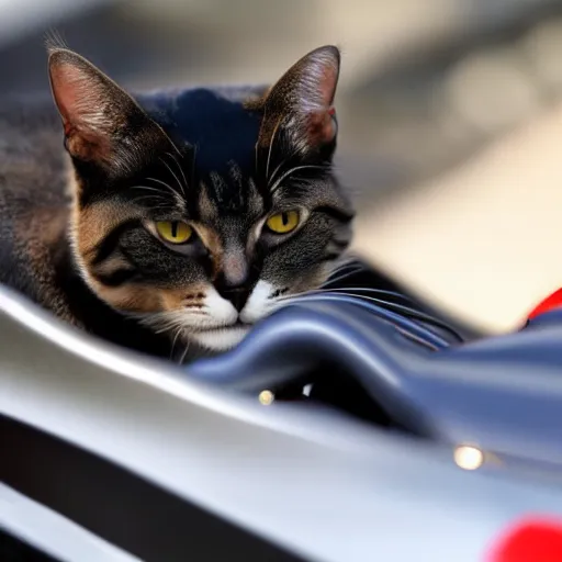 Prompt: a cat driving a f1 car