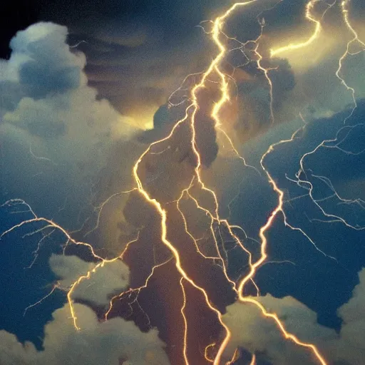Image similar to a god made out of thunder throwing lightning bolts through the clouds at demons