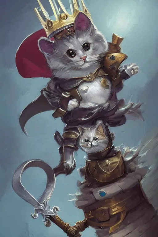 Image similar to cute little anthropomorphic cat knight wearing a cape and a crown, tiny, small, miniature cat , baby animal, short, pale blue armor, cute and adorable, pretty, beautiful, DnD character art portrait, matte fantasy painting, DeviantArt Artstation, by Jason Felix by Steve Argyle by Tyler Jacobson by Peter Mohrbacher, cinematic lighting