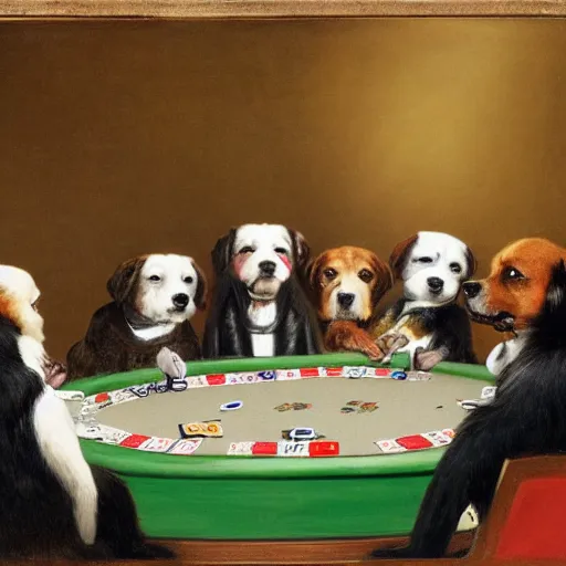 Prompt: a group of dogs playing poker in the style of cassius marcellus coolidge