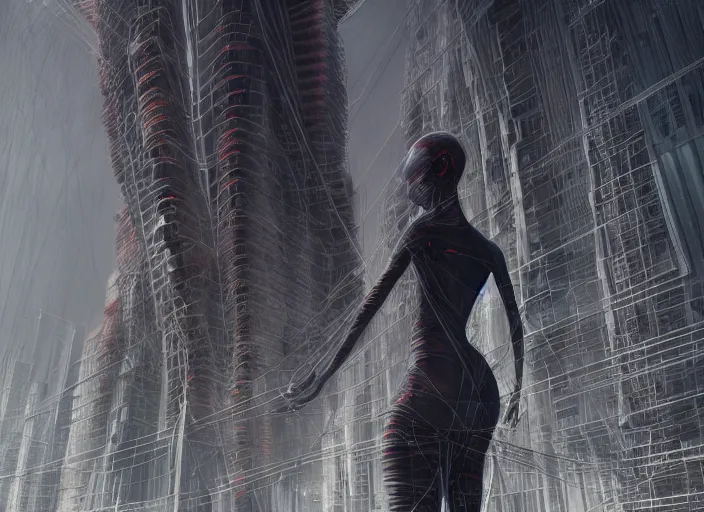 Prompt: rgb, woman, dynamic pose, giant meaty skyscrapers, on an alien planet, movie scene, inspired by zdzislaw beksinski, clothes made out of veins,, cables everywhere, bedroom, ultra realistic, concept art, intricate details, highly detailed, photorealistic, octane render, 8 k
