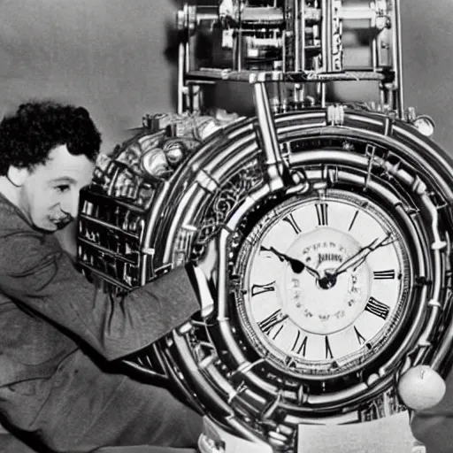 Image similar to albert einstein building intricate and complex clock time machine, vintage photograph