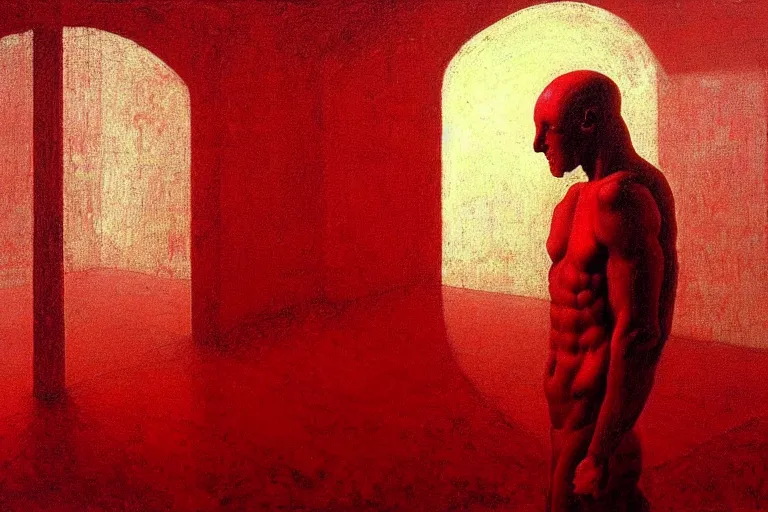 Image similar to only with red, caesar after war, a red tiger, in hoc signo vinces, rome in background, an ancient path, in the style of beksinski, part by hopper, part by rodcenko, part by hofbauer, intricate composition, red by caravaggio, insanely quality, highly detailed, masterpiece, red light, artstation