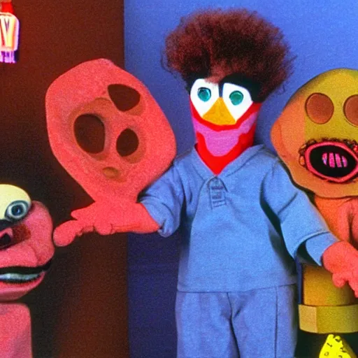 Image similar to color still from a strange 1990s kids puppet public access TV show, taped on VHS. hyperrealistic textures, creepy,