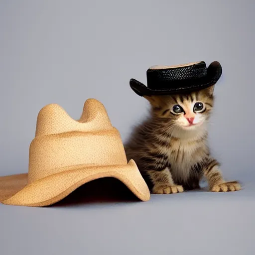 Image similar to a baby kitten wearing a cowboy hat that is missing his baby kitten boyfriend