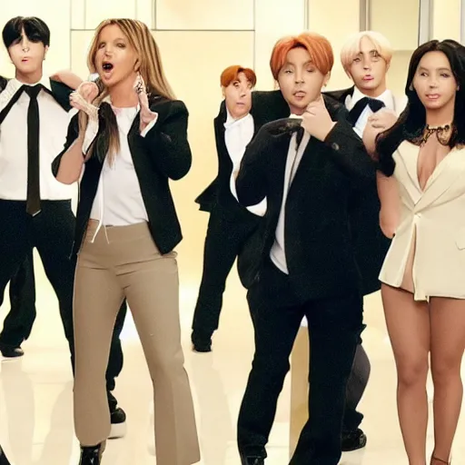 Image similar to cinematic still of britney spears in the office costarring with the kpop group bts