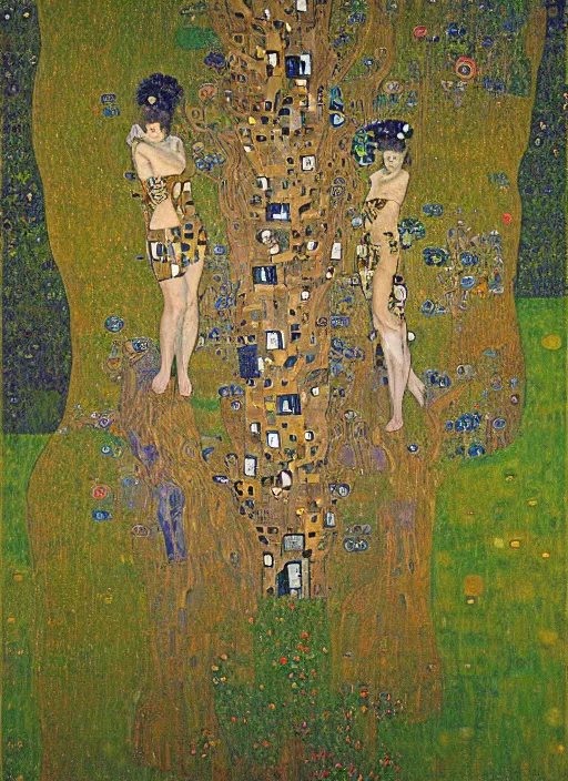 Image similar to a landscape painting of a cognitive optical illusion of trees, with four people in the foreground making extreme dynamic poses painted by gustav klimt