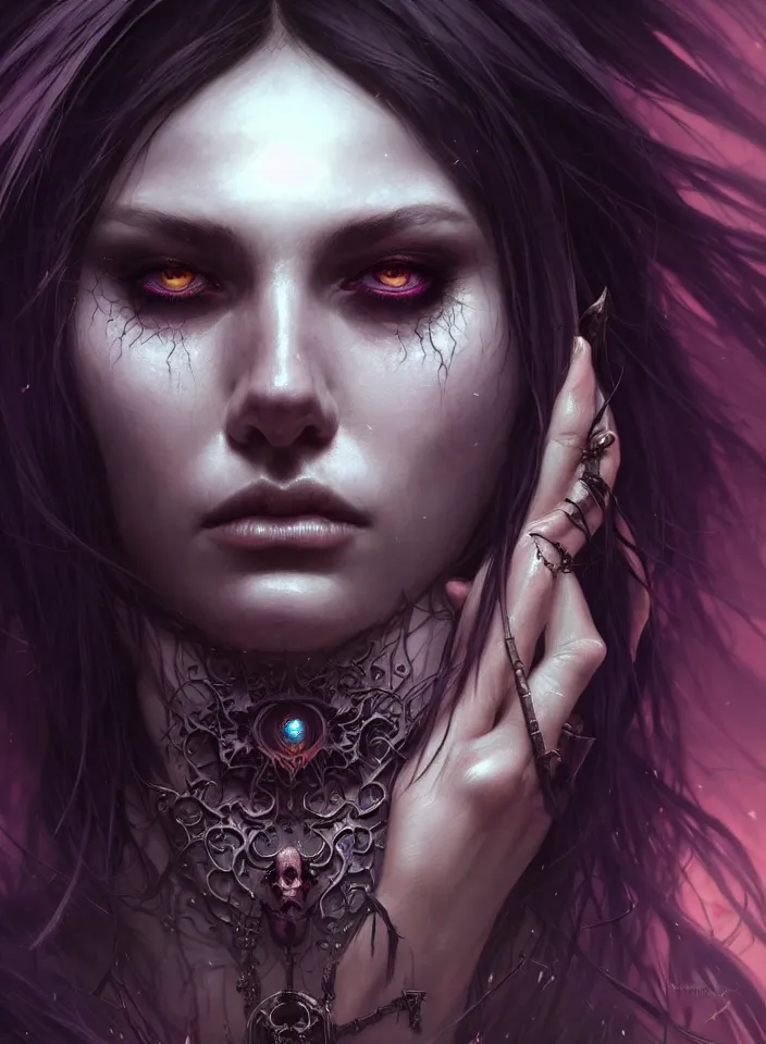 Image similar to Necromancer Sorceress face close-up macro in center, fantasy magic, undercut hairstyle, dark light night, intricate, elegant, sharp focus, illustration, highly detailed, digital painting, concept art, matte, art by WLOP and Artgerm and Greg Rutkowski and Alphonse Mucha, masterpiece