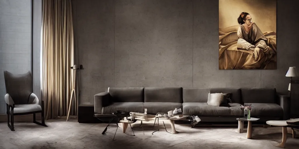 Image similar to beautiful oil matte portrait painting, modern living room with wood paneling and concrete walls designed by zaha hadid, wonderful masterpiece, highly detailed, beautiful cinematic light, deep focus, elegant, digital painting, smooth, sharp focus, golden ratio, dramatic illumination, ultra realistic, 8 k, art by artemisia lomi gentileschi and caravaggio