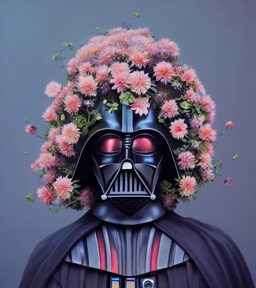 Image similar to portrait of darth vader of star wars, surrounded by flowers by karol bak, james jean, tom bagshaw, rococo, trending on artstation, cinematic lighting, hyper realism, octane render, 8 k, hyper detailed.