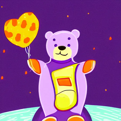 Image similar to cartoon bear wearing clothes being launched out of a futuristic machine into a purple and orange cloud land