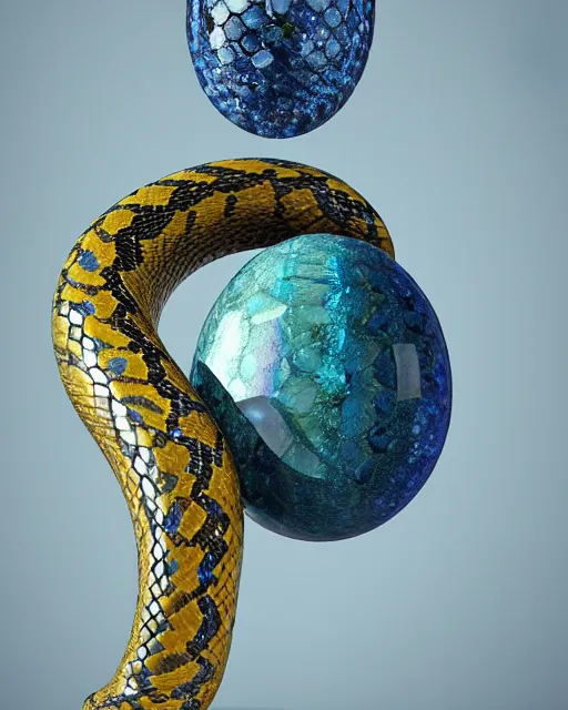 Image similar to a photo of a sculpture of a snake encircling a marble egg made from blue and emerald and amethyst crystal geode formations with liquid gold tendrils by jean pierre roy by stanisław szukalski by beeple, octane render, recursive, tendrils, tessellation, elestial crystals, geode, refracted light