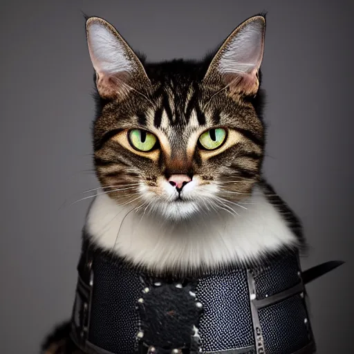 Prompt: a cat wearing samurai armor, studio lighting