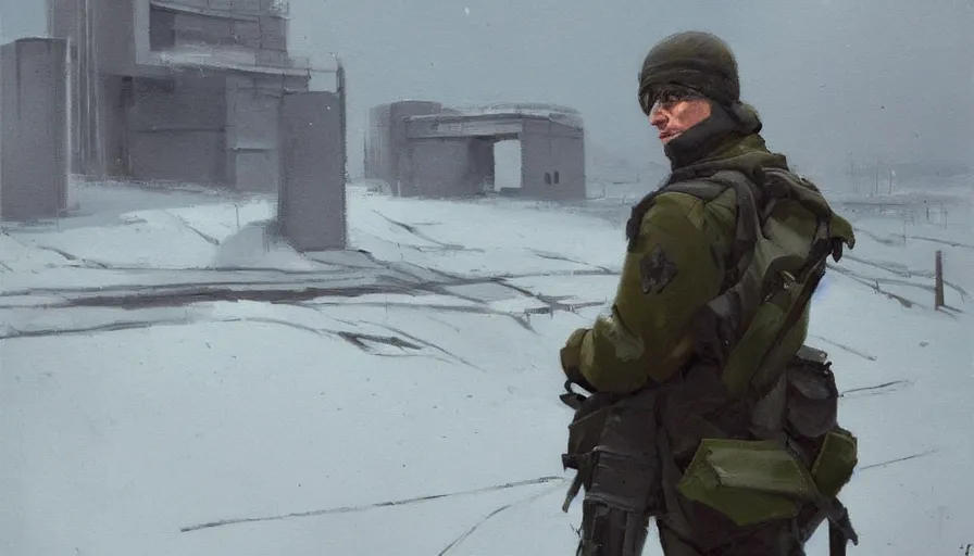 Image similar to a beautiful painting in the style of sergey kolesov of a snowy landscape overlooked by a handsome man in tactical gear fit for a spy, overseeing a large brutalist facility in the distance, award winning art