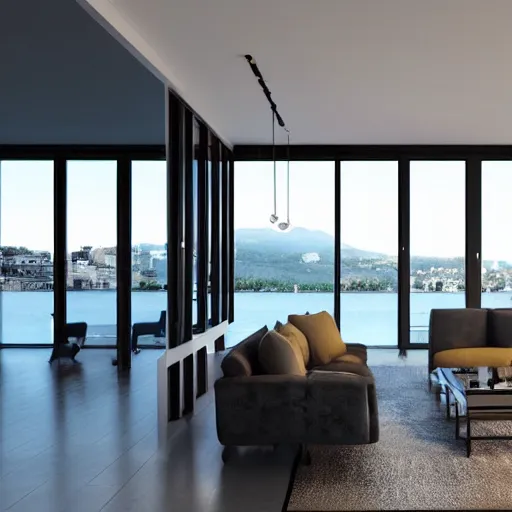 Prompt: an architecture visualisation of a modern living room, wide windows, stunning view, night, picture on the wall
