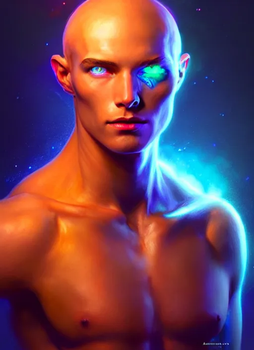 Image similar to a faceless masculine humanoid adventurer made of liquefied stardust, dnd fantasy character, full body portrait, glowing neon skin, magical aura, ultra realistic, intricate, elegant, highly detailed, digital painting, artstation, smooth, sharp, focus, illustration, art by artgerm and greg rutkowski and alphonse mucha