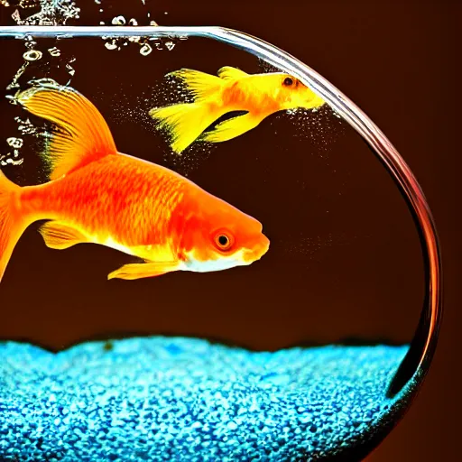 Image similar to stock photo of goldfish jumping to freedom out if fish bowl to another aquarium with clear water against blue background