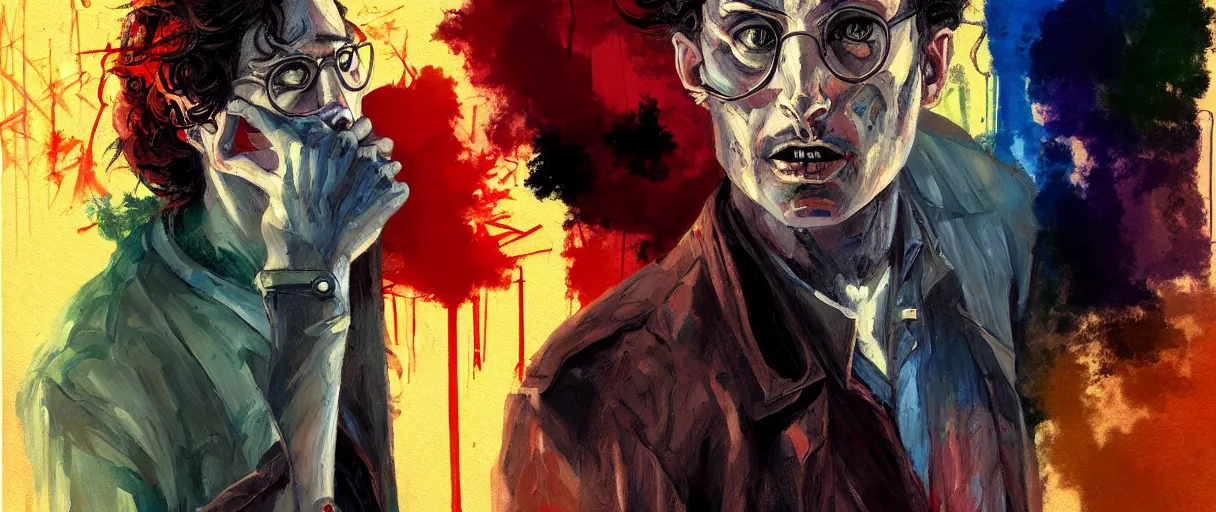 Image similar to colored oil painting character study of outsider introvert jewish geek | vivid colors : storyboard, dramatic and emotional, concept design, realistic. by gabriel hardman, joe alves, j. todd anderson, chris bonura. cinematic atmosphere, detailed and intricate, perfect anatomy