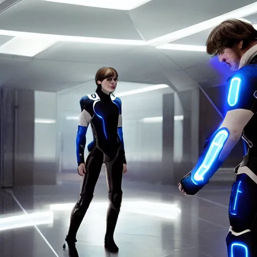 Image similar to emma watson and jack black in the movie tron legacy ( 2 0 1 0 ), cinematic, film still