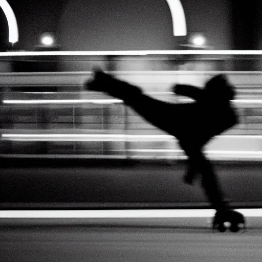 Image similar to a roller skater in a cinematic closeup. in santa monica at blue hour. canon eos c 3 0 0, ƒ 1. 8, 3 5 mm. 8 k. medium - format print. inspired by roger deakins cinematography