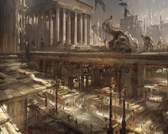 Image similar to a mall in the style of ancient imperial rome cities, art by greg rutkowski and artgerma, stunning concept art, interior design architecture