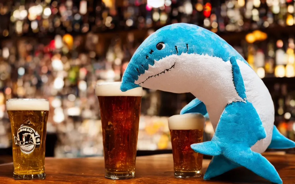 Prompt: Shark plush ordering a beer at a bar, stuffed toy,shark, dim lighting, 50mm, depth of field,