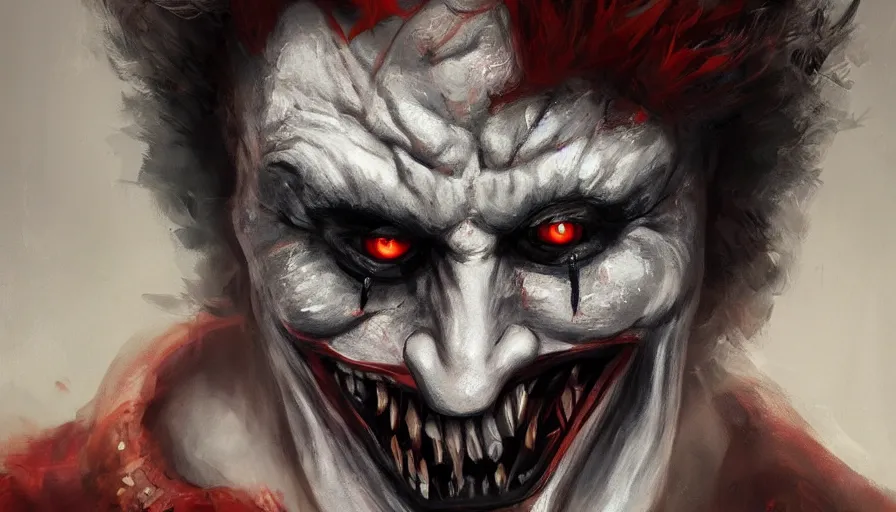 Prompt: portrait of a demonic clown, cinematic shot, aaa game concept art oil painting by jama jurabaev, extremely detailed, brush hard, artstation, high quality, brush stroke