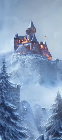 Image similar to a painting of a castle in the middle of a snowy mountain, a detailed matte painting by andreas rocha and greg rutkowski, featured on artstation, fantasy art, matte drawing, matte painting, artstation hq