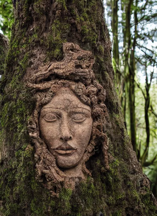 Image similar to photograph of hyperrealistic hyperdetailed ancient face in a tree covered with bark and moss, dark mysterious forest at sunset