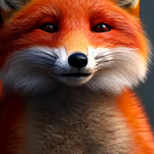 Image similar to portrait of the cutest red fox ever, fluffy, photorealistic, soft lighting, unreal engine