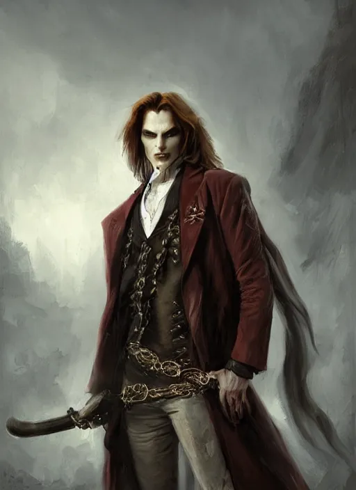 Image similar to portrait painting of the vampire lestat, paris! floating, muscular male, long hair! long coat, elegant rugged handsome unreal render cinematic lighting art 1 8 9 0 period drama by bussiere rutkowski andreas rocha