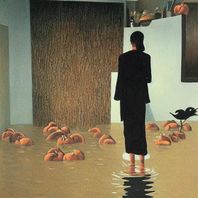 Image similar to tall female emo artists in their flooded apartment, rotenburo, painting of flood waters inside an artist's home, a river flooding indoors, pomegranates, pigs, ikebana, zen, water, octopus, river, rapids, waterfall, black swans, canoe, berries, acrylic on canvas, surrealist, by magritte and monet