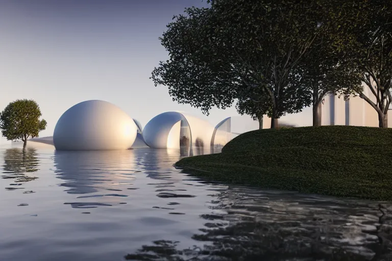 Image similar to a building formed by the combination of many white spherical and egg shaped circular spaces. on the calm lake, people's perspective modern curved architecture, future, wood, marble, metal award winning, highly detailed 4 k art, dusk, unreal engine highly rendered, global illumination, radial light, internal environment by kazuyo sejima