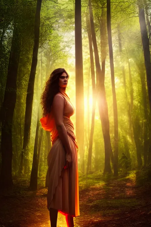 Image similar to hyperrealistic mithra as a woman standing in a forest sun behind him concept art eric zener elson peter cinematic side soft yellow light low angle hd 8k sharp shallow depth of field