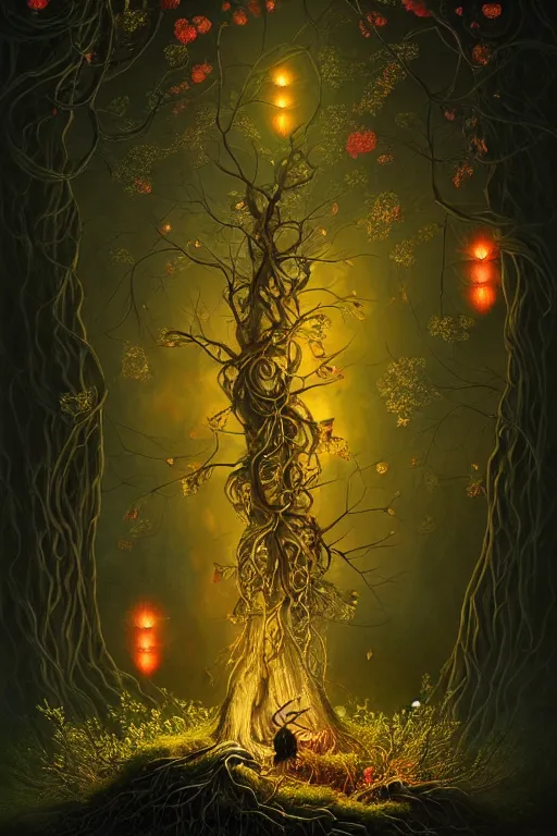 Prompt: a beautiful digital illustration painting of a detailed gothic fantasy fireflies and roots, dark mushroom, flowers by benoit b. mandelbrot, steven belledin, martin johnson heade, lee madgwick, caspar david friedrich, and david rios ferreira. 8 k resolution trending on artstation concept art digital illustration