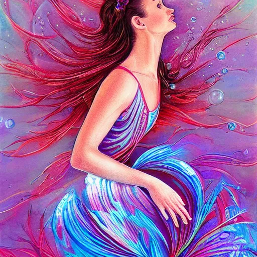 Image similar to a beautiful hyper - detailed painting of a beautiful underwater ballerina lyrical dancer, weightless, flowy, deep color, fine bubbles