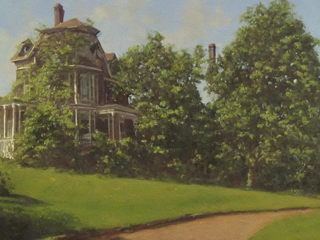Image similar to “A oil painting of a greenVictorian house”
