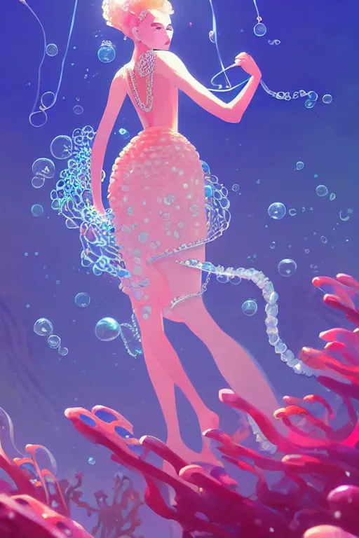 Image similar to a beautiful queen of ocean in the middle of coral reefs, pearl crystal jewelry, complex and shiny dress inspired by jellyfish, by ross tran and atey ghailan, by greg rutkowski, by greg tocchini, by james gilleard, by joe fenton, by kaethe butcher, dynamic lighting, grunge aesthetic