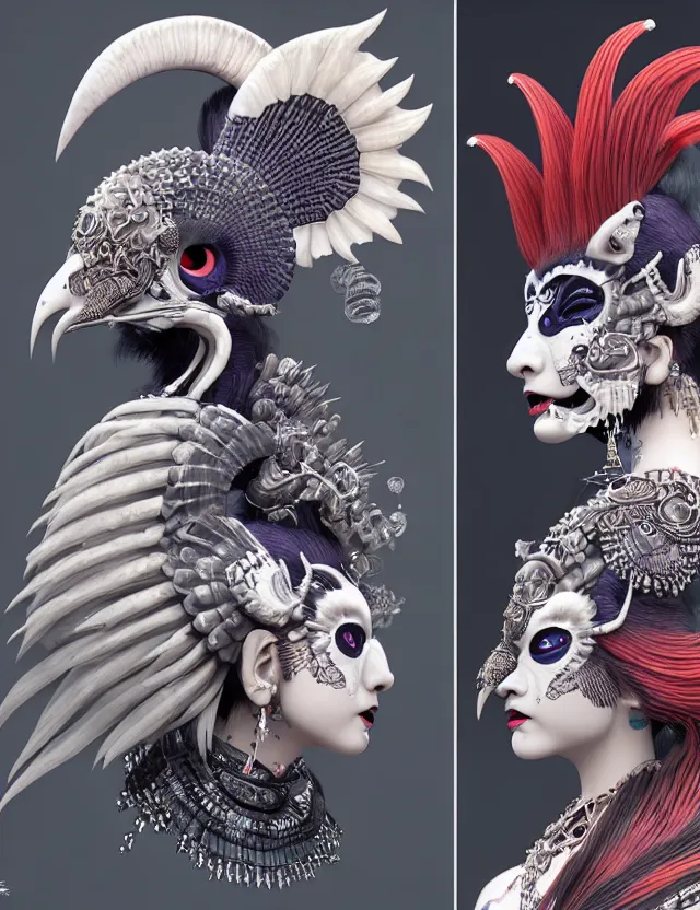 Image similar to 3 d goddess close - up profile portrait punk with mohawk with ram skull. beautiful intricately detailed japanese crow kitsune mask and clasical japanese kimono. betta fish, jellyfish phoenix, bio luminescent, plasma, ice, water, wind, creature, artwork by tooth wu and wlop and beeple and greg rutkowski