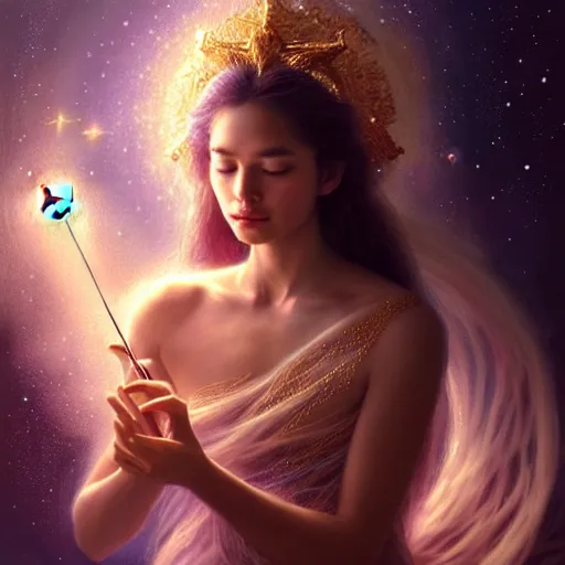 Image similar to a high quality life like portrait of a very very beautiful! celestial goddess of life playing a mystical violin and springing life into the universe, highly detailed, cinematic lighting, intricate, sharp focus, fantasy, mystical, dreamlike, exotic, realistic, by WLOP and greg rutkowski, trending on artstation