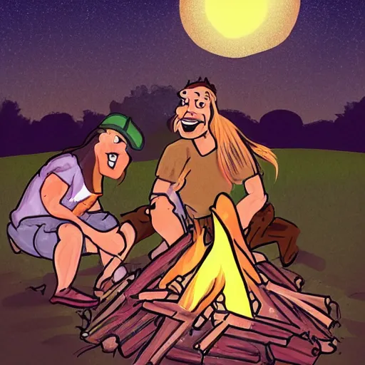 Image similar to cartoon of hillbilly with long blonde hair at a bonfire with his australian shepherd