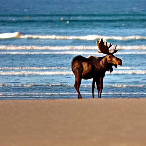 Image similar to photo of a moose at the beach in Tel Aviv, 50mm, beautiful photo