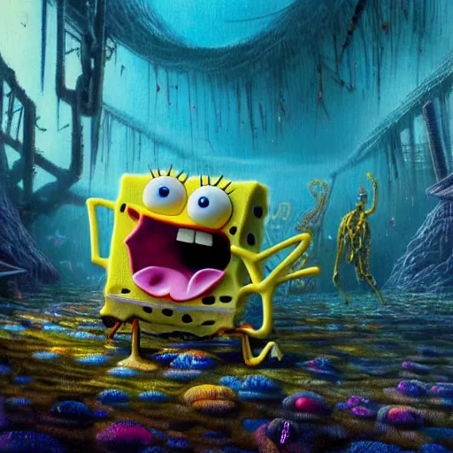 Prompt: nightmare spongebob, epic, cinematic shot, 8k, by Bruce Pennington, sharp focus, highly detailed, saturated